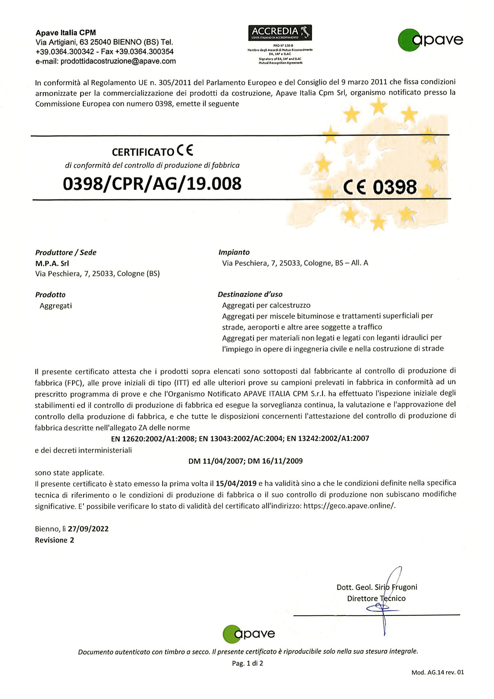 Certificazione 0398CPRAG19008-02 MPA SO4 2022-1