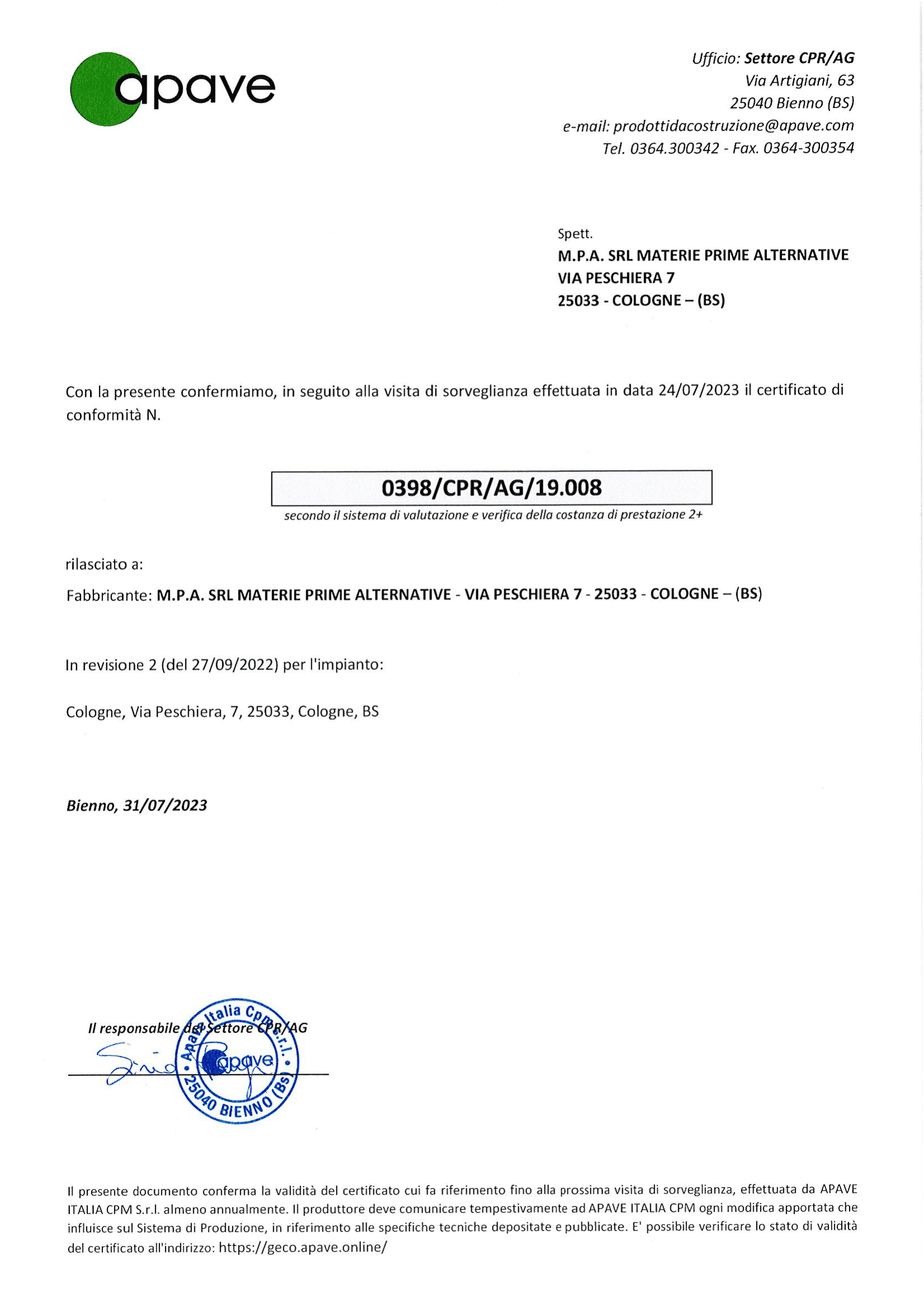 Certificazione 0398CPRAG19008-02 MPA SO5 2023-1