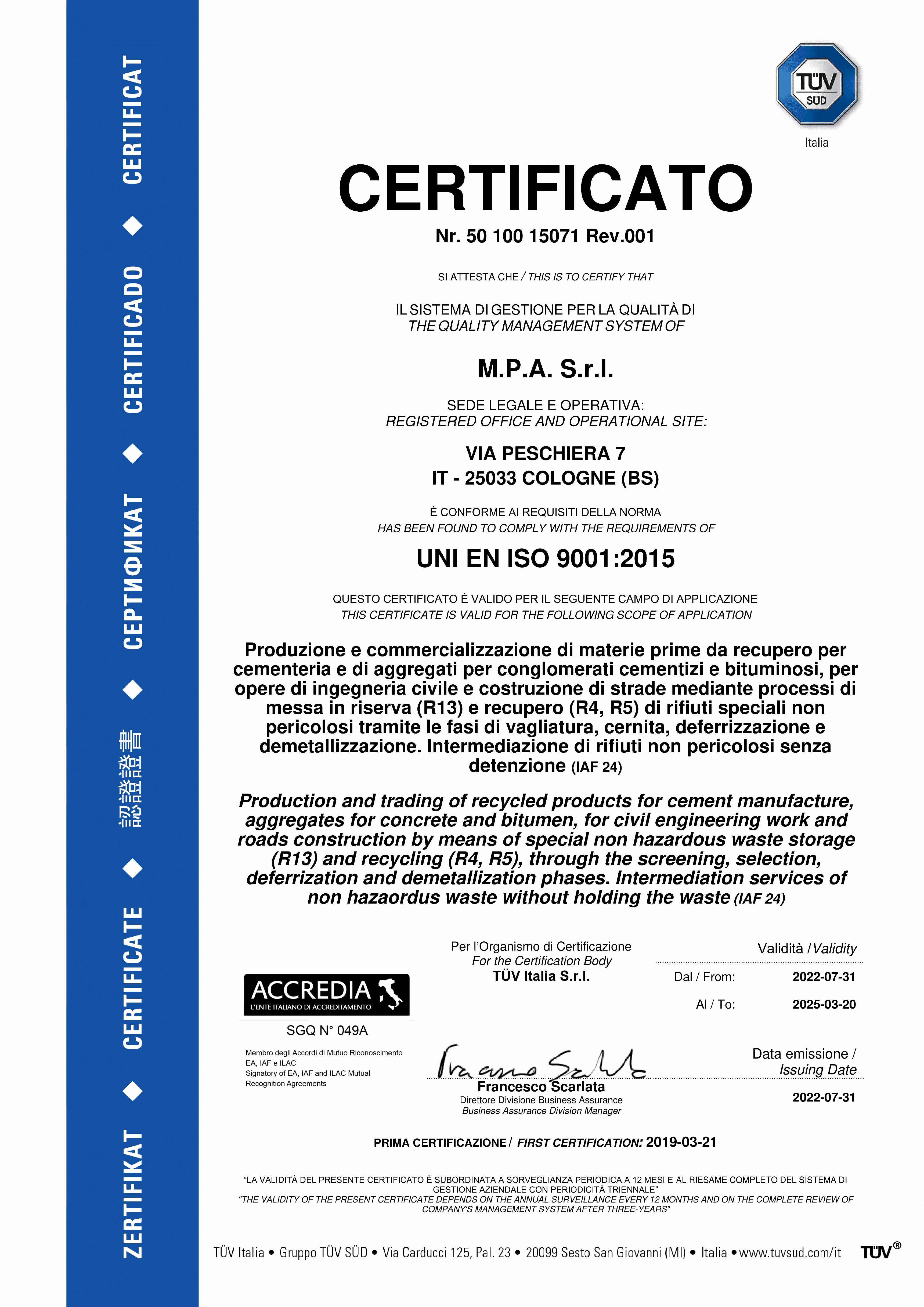 certificato ISO 9001 2015