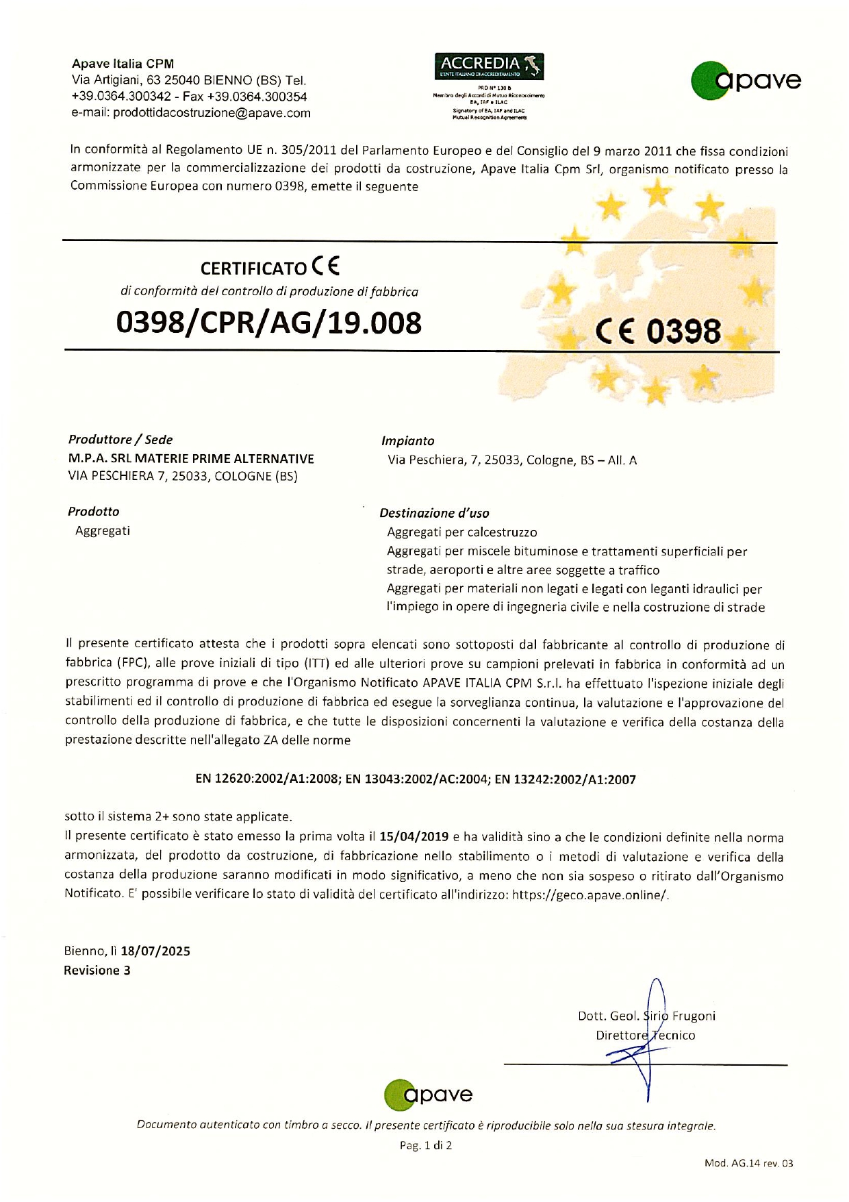 Certificazione APAVE 0398 page 1