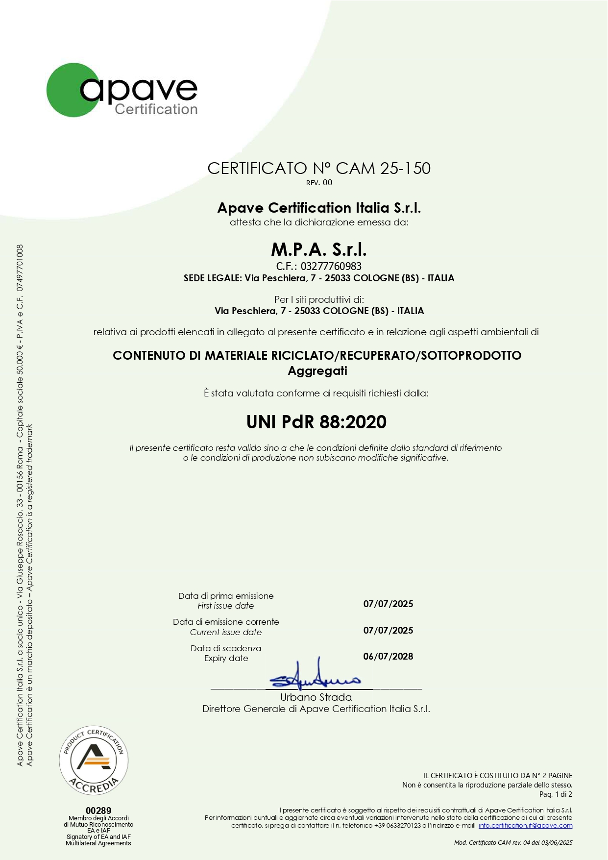 Certificazione APAVE N.CAM25-150 page 1